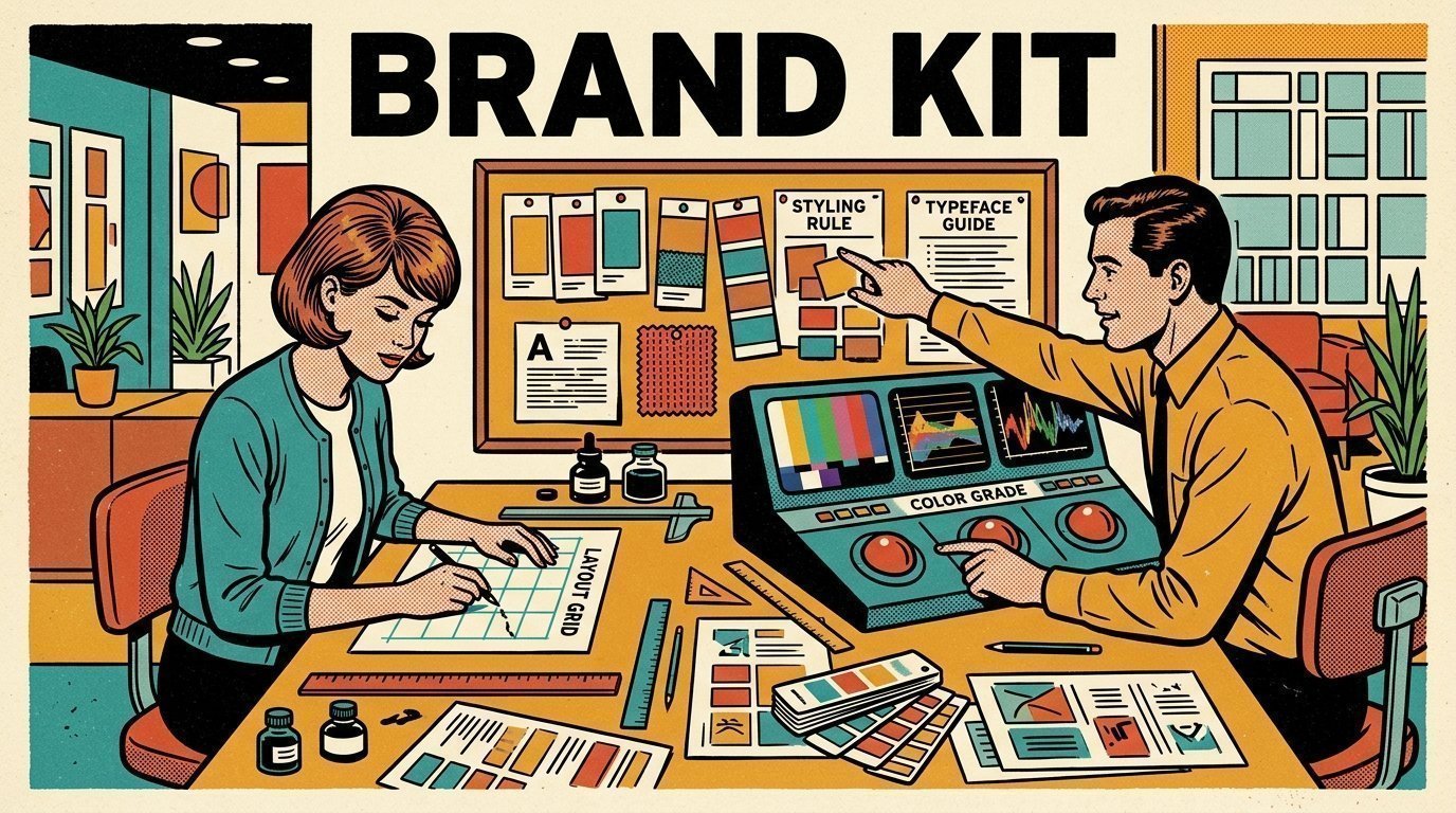 A 1960s mid-century comic book style editorial illustration showing a graphic designer at a drawing desk, with a colour grading panel with trackballs visible in the frame.