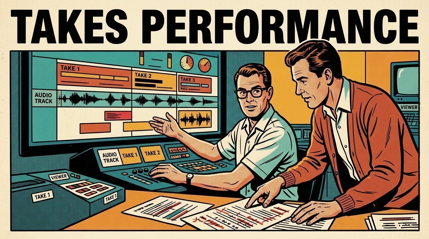 A 1960s mid-century comic book style editorial illustration showing a video editor and a director reviewing the cut together, with an edit timeline on a large screen, a marked-up script on the desk visible in the frame.