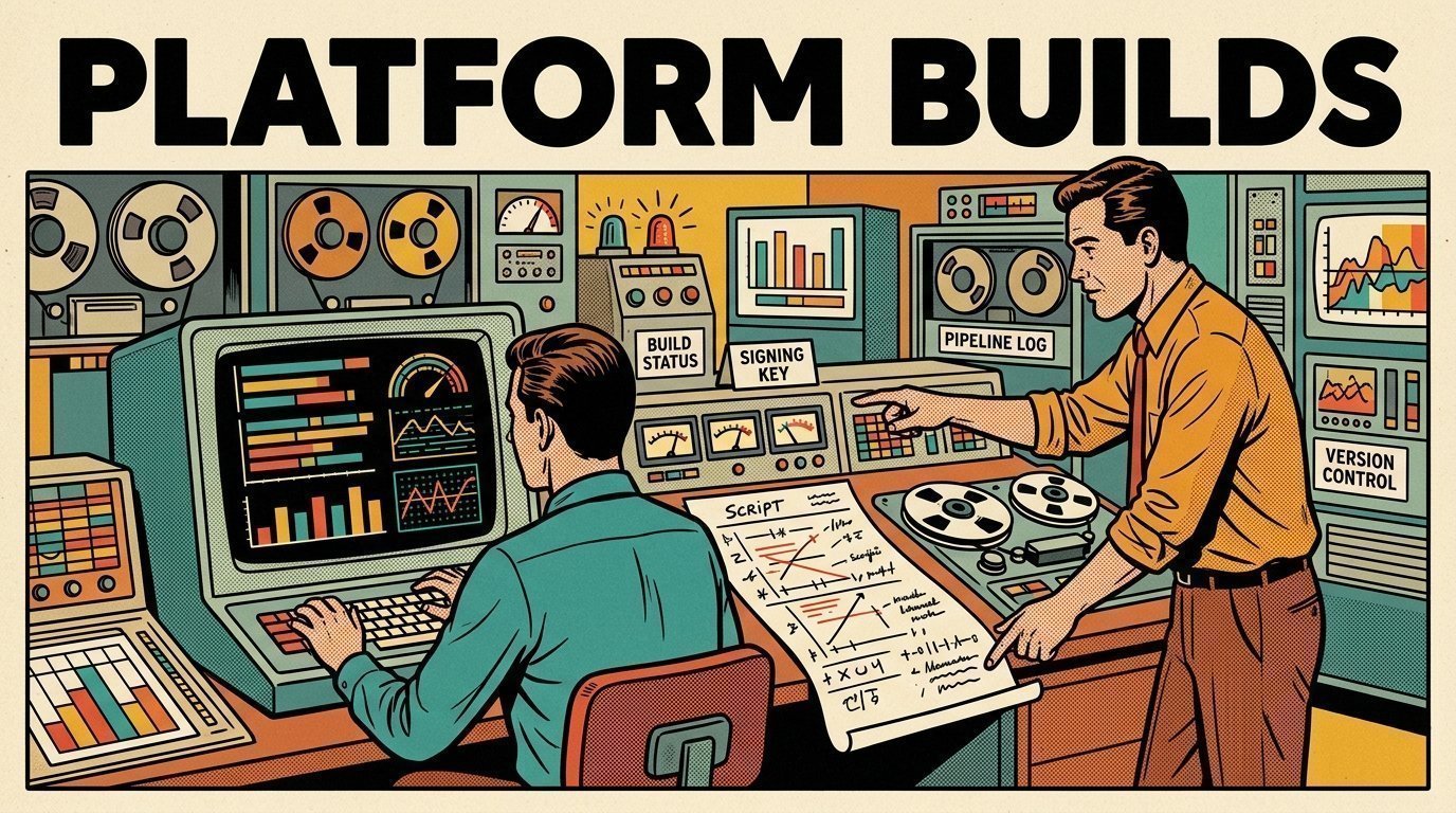 A 1960s mid-century comic book style editorial illustration showing two engineers at terminals in a machine room, with a marked-up script on the desk visible in the frame.