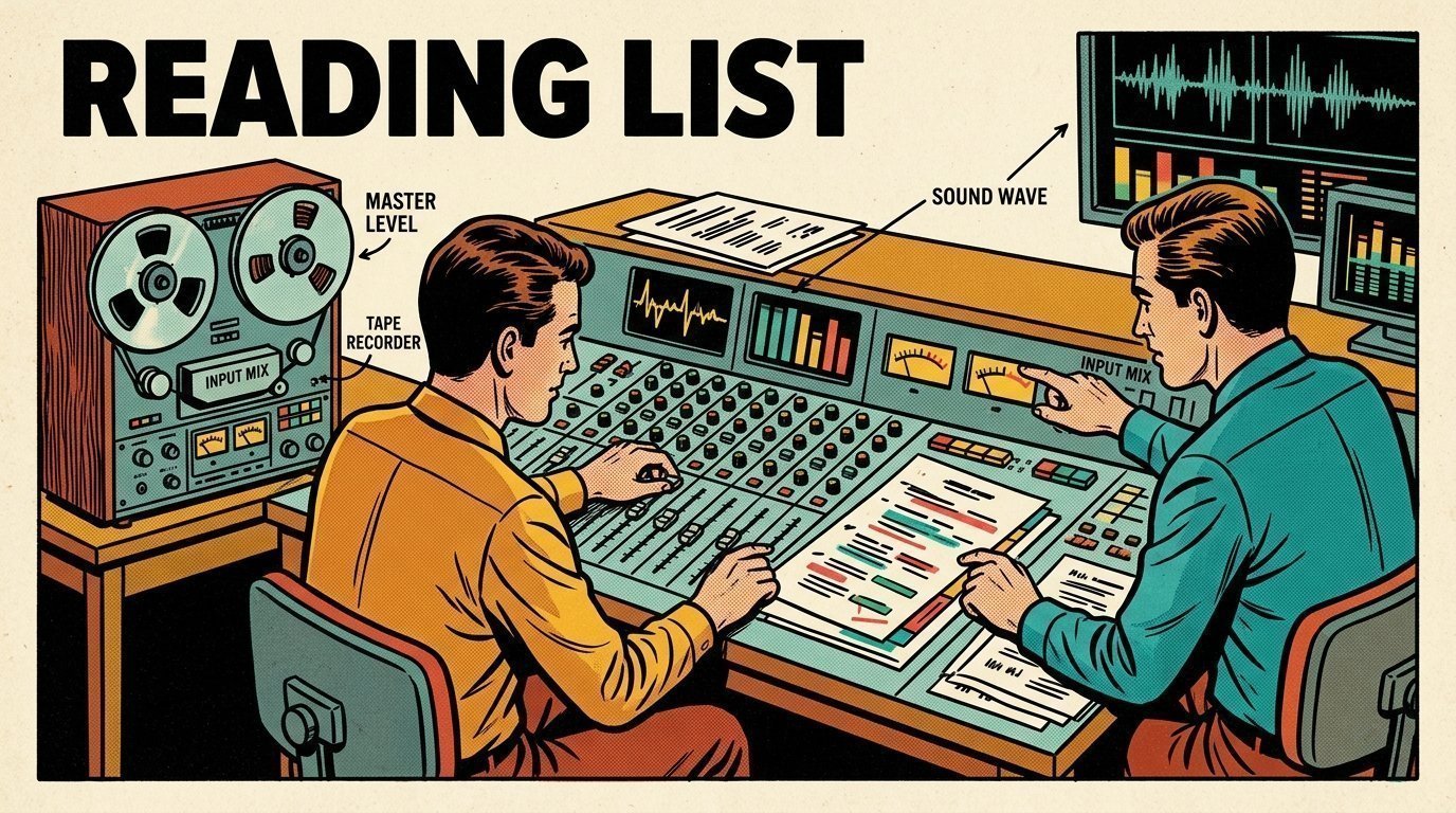 A 1960s mid-century comic book style editorial illustration showing two audio engineers at a mixing desk, with a marked-up script on the desk visible in the frame.