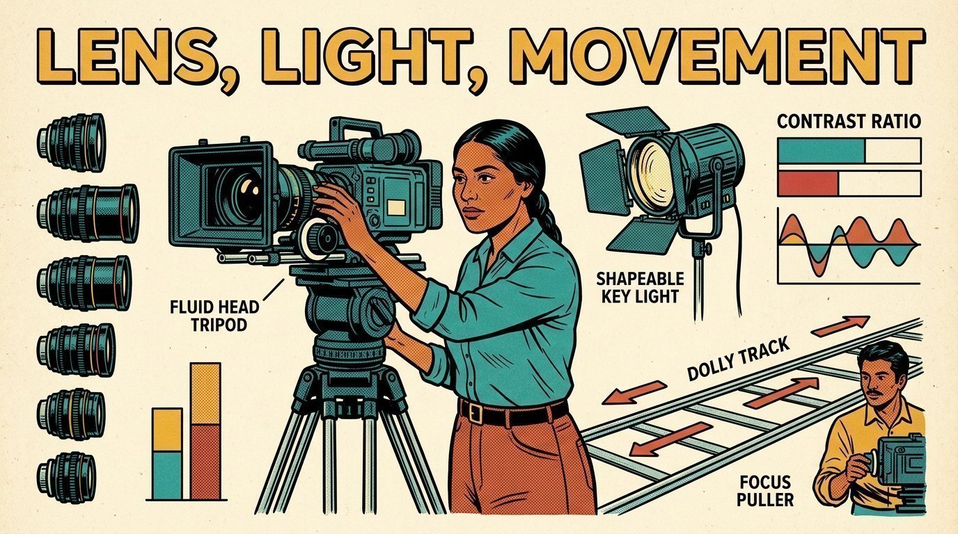A 1960s mid-century comic book style editorial illustration of a camera crew choosing focal length, shaping key light by contrast ratio and planning a motivated dolly move.