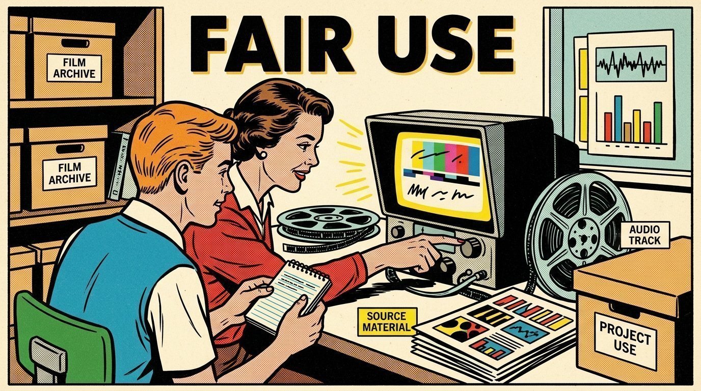 A 1960s mid-century comic book style editorial illustration showing a teacher and a student at a shared editing workstation, with labelled archive boxes and reels visible in the frame.