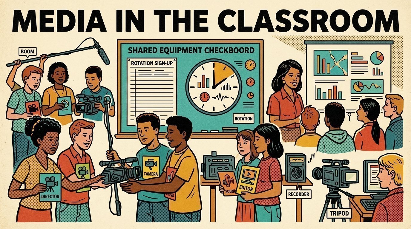 A 1960s mid-century comic book style editorial illustration of a media teacher and students running a shared equipment rotation, working assigned production roles and screening their work.