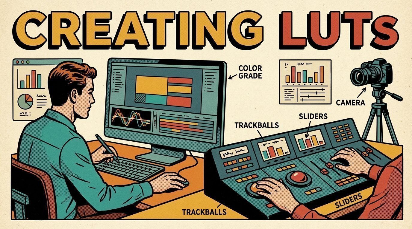 A 1960s mid-century comic book style editorial illustration showing a motion designer working at a large monitor, with a colour grading panel with trackballs, a camera on a tripod visible in the frame.