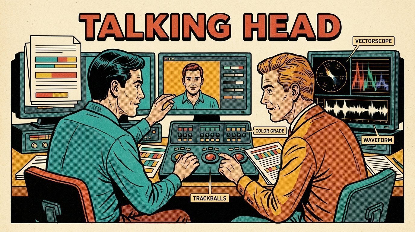 A 1960s mid-century comic book style editorial illustration showing a video editor and a director reviewing the cut together, with a colour grading panel with trackballs, a vectorscope and waveform monitor, an audio waveform display visible in the frame.