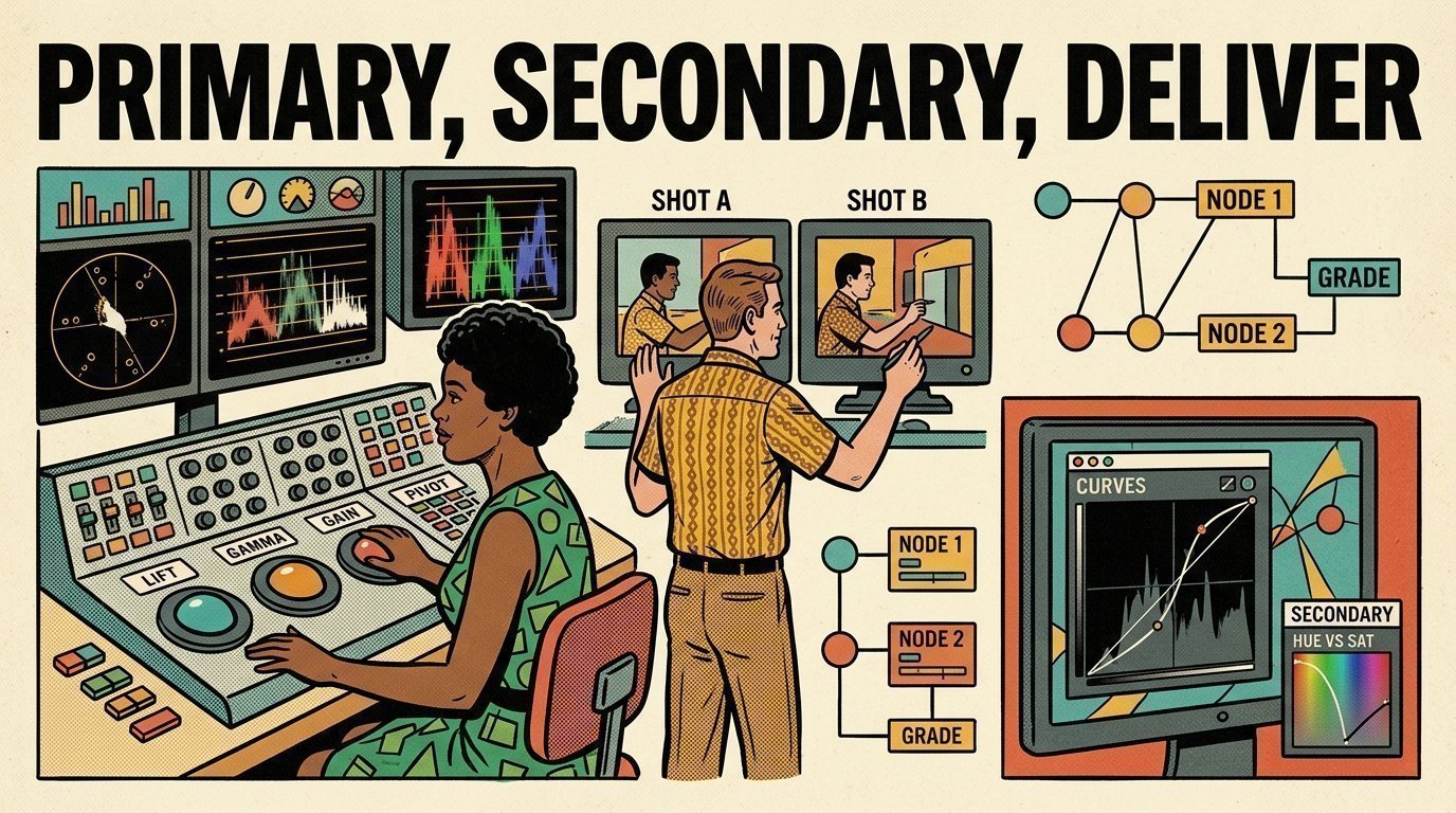 A 1960s mid-century comic book style editorial illustration of a colorist working primary correction, shot matching and creative secondaries against vectorscope, waveform and parade displays.