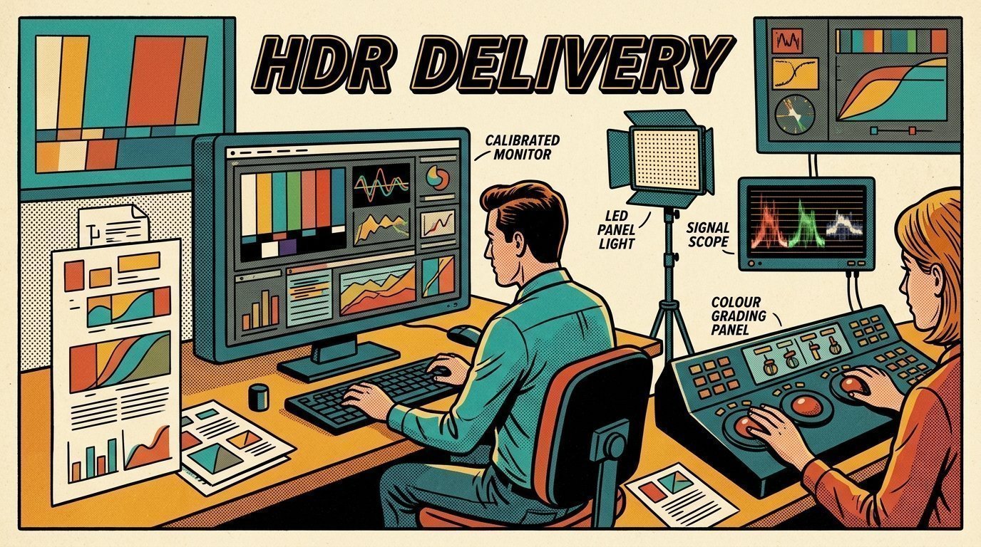 A 1960s mid-century comic book style editorial illustration showing a motion designer working at a large monitor, with a colour grading panel with trackballs, an LED panel light on a stand, a calibrated monitor visible in the frame.