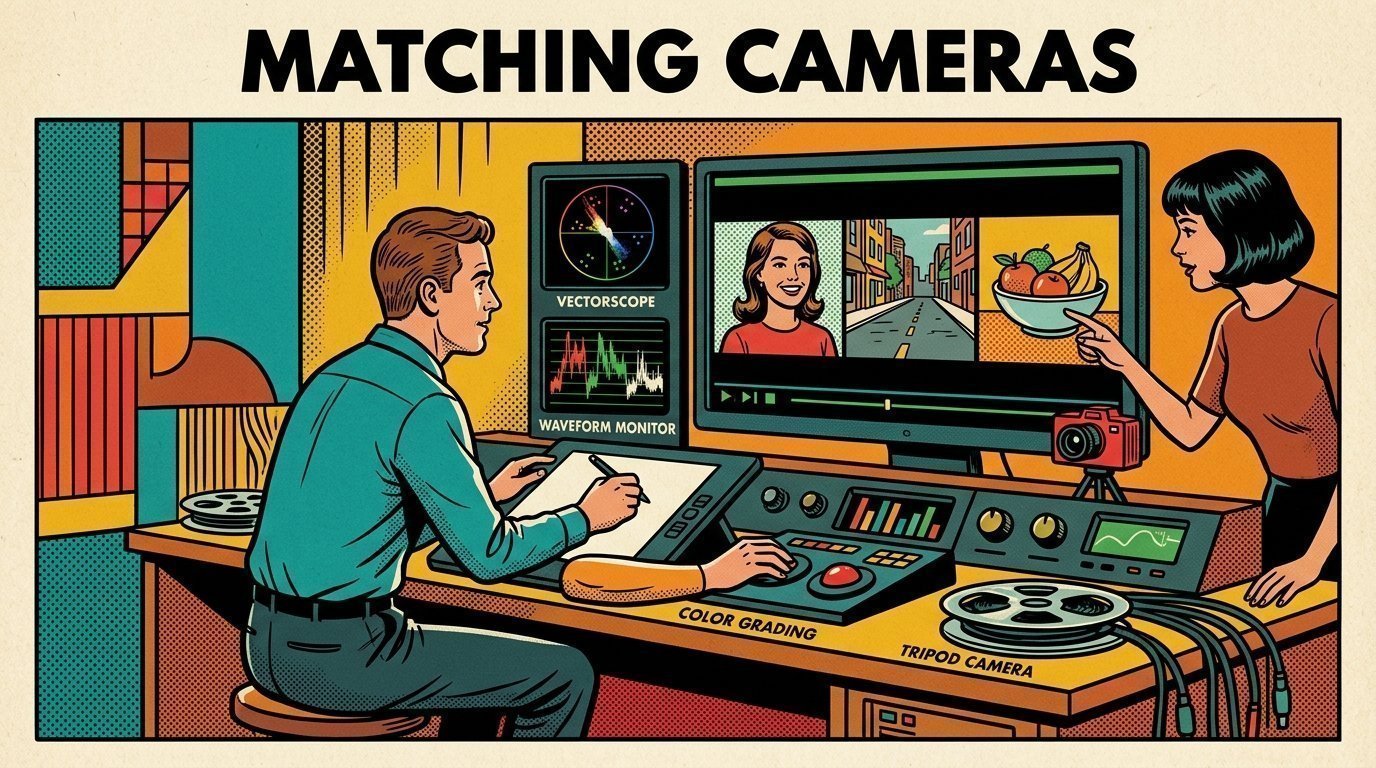 A 1960s mid-century comic book style editorial illustration showing a motion designer working at a large monitor, with a camera on a tripod, a colour grading panel with trackballs, a vectorscope and waveform monitor visible in the frame.