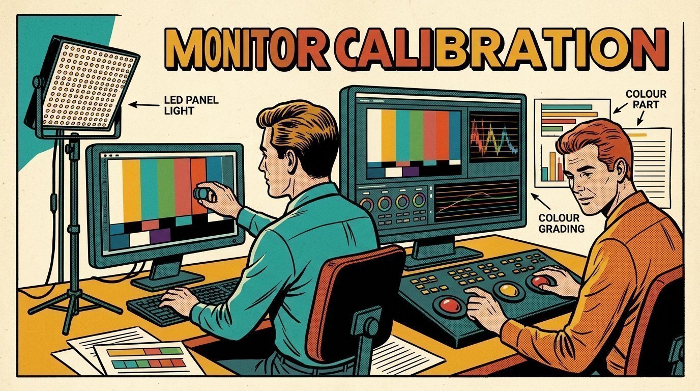 A 1960s mid-century comic book style editorial illustration showing a motion designer working at a large monitor, with a calibrated monitor, an LED panel light on a stand, a colour grading panel with trackballs visible in the frame.