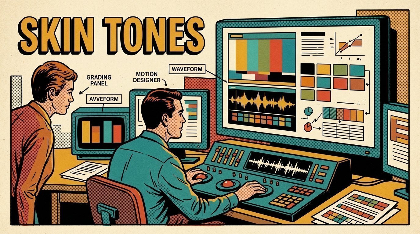 A 1960s mid-century comic book style editorial illustration showing a motion designer working at a large monitor, with a colour grading panel with trackballs, an audio waveform display visible in the frame.