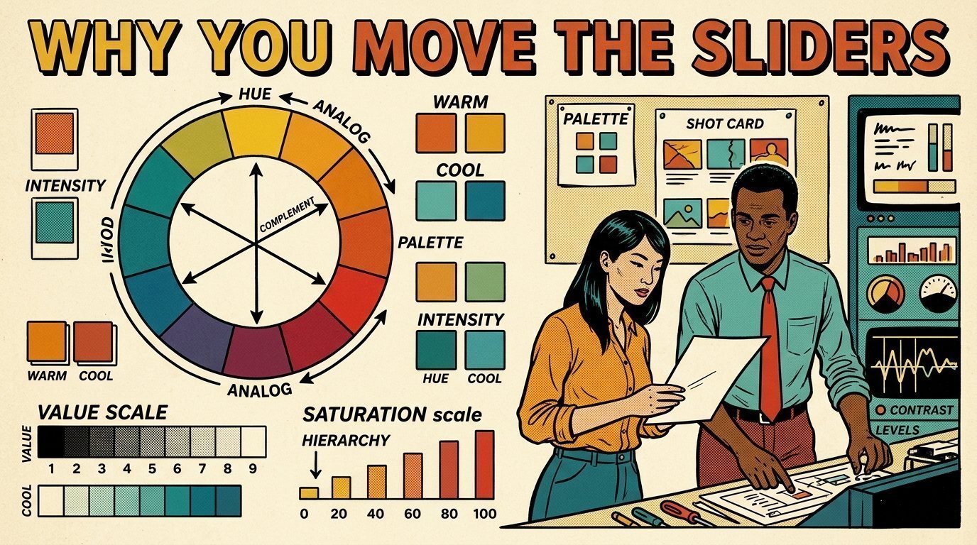 A 1960s mid-century comic book style editorial illustration of designers working from a colour wheel, warm and cool contrast pairs and a limited palette pinned beside shot cards.