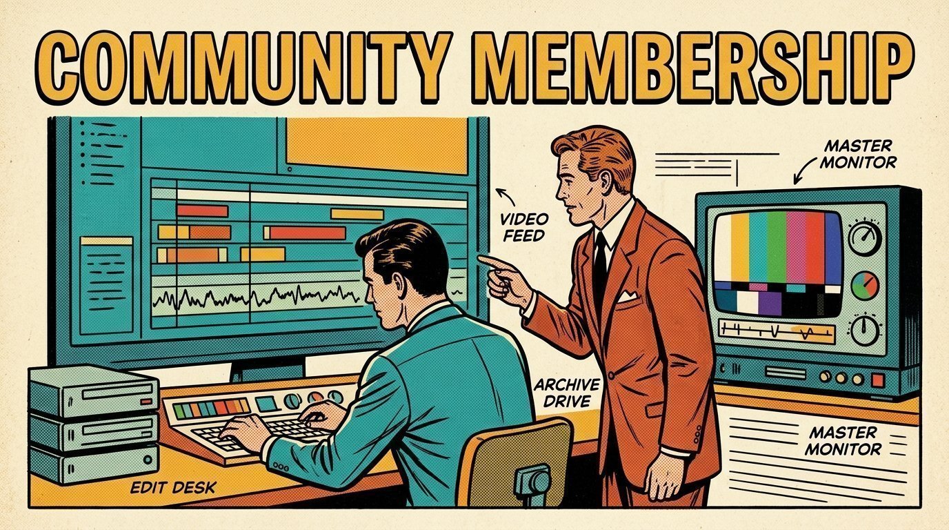 A 1960s mid-century comic book style editorial illustration showing a video editor and a director reviewing the cut together, with an edit timeline on a large screen, a calibrated monitor, stacked storage drives visible in the frame.
