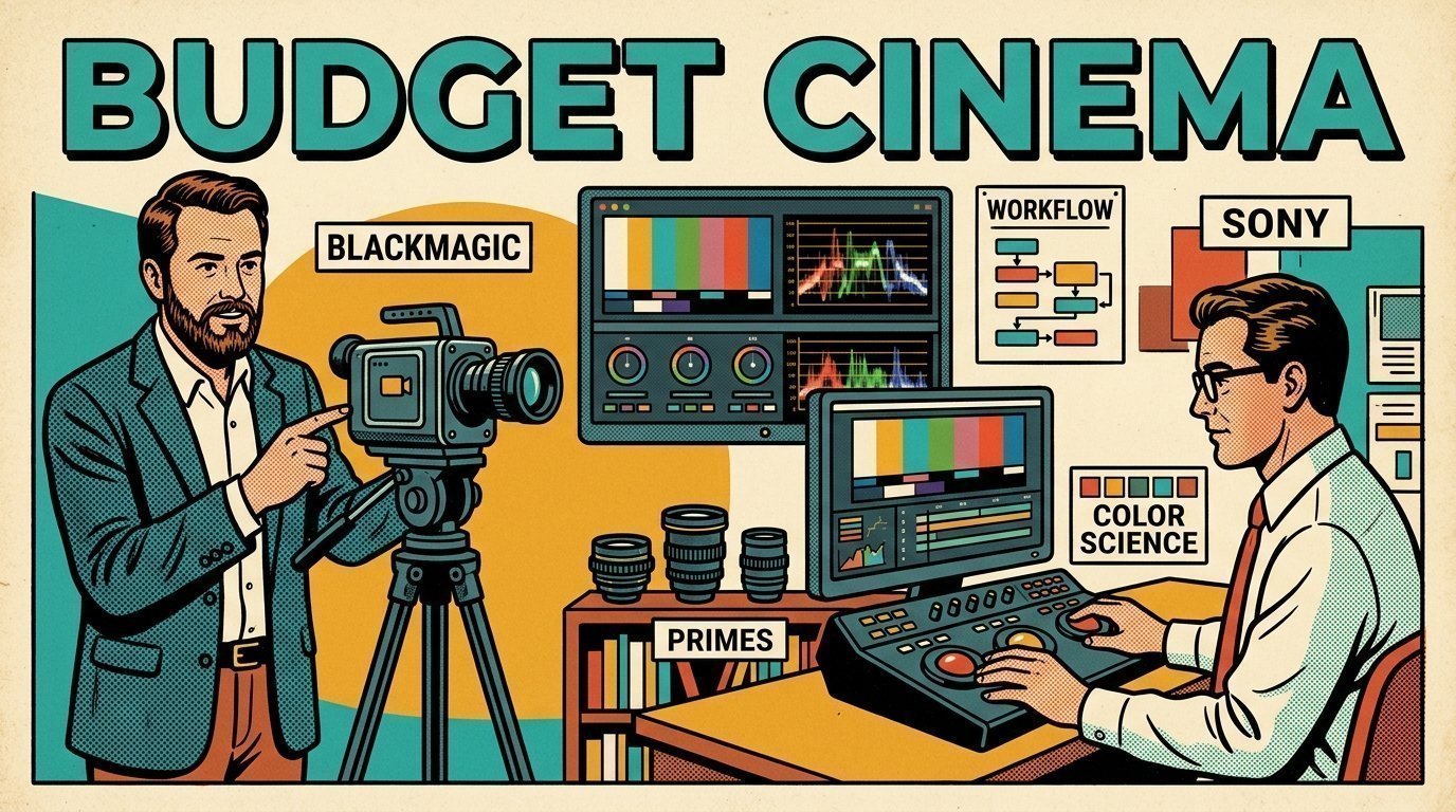 A 1960s mid-century comic book style editorial illustration showing a video editor and a director reviewing the cut together, with a colour grading panel with trackballs, a camera on a tripod, a set of prime lenses visible in the frame.