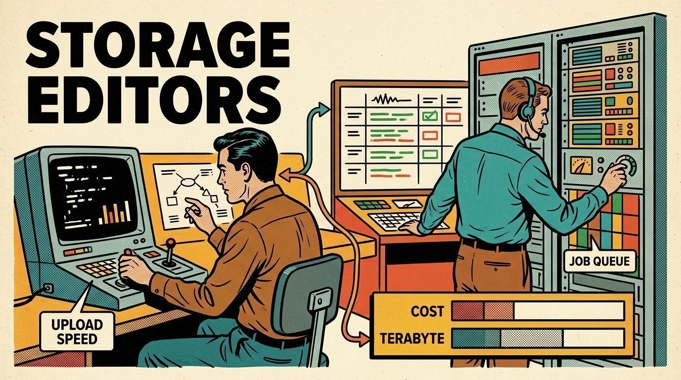 A 1960s mid-century comic book style editorial illustration showing two engineers at terminals in a machine room, with code on a terminal screen, a rack of servers, a job queue board visible in the frame.