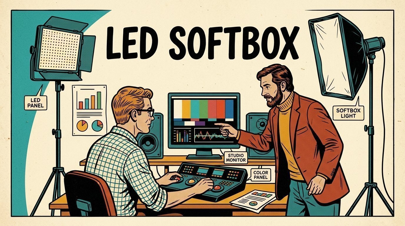 A 1960s mid-century comic book style editorial illustration showing a video editor and a director reviewing the cut together, with an LED panel light on a stand, a colour grading panel with trackballs visible in the frame.