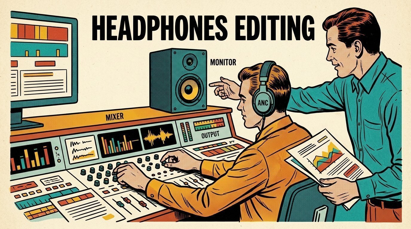 A 1960s mid-century comic book style editorial illustration showing two audio engineers at a mixing desk, with closed-back headphones, a calibrated monitor visible in the frame.