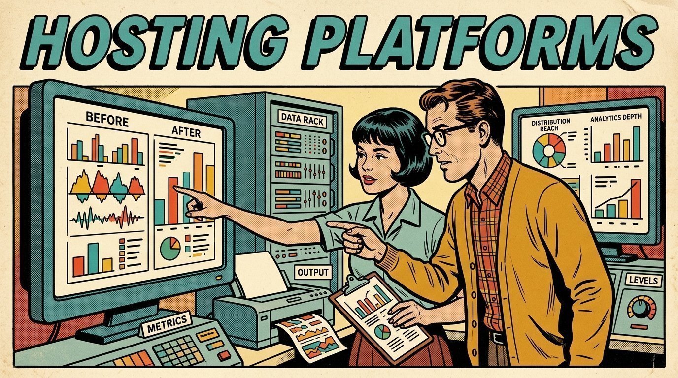 A 1960s mid-century comic book style editorial illustration showing a researcher and an editor comparing machine output against a reference, with two monitors showing a before and after comparison, a rack of servers visible in the frame.