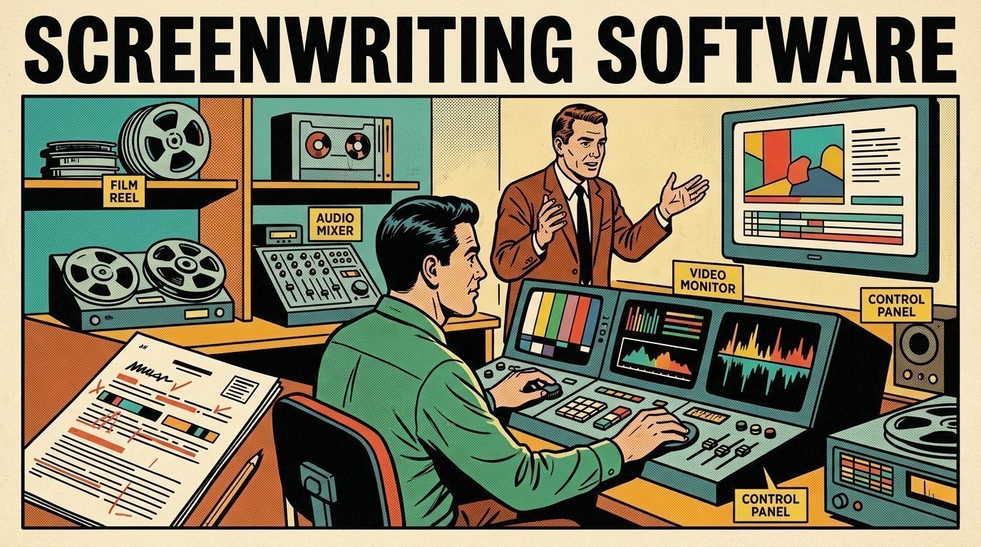 A 1960s mid-century comic book style editorial illustration showing a video editor and a director reviewing the cut together, with a marked-up script on the desk visible in the frame.