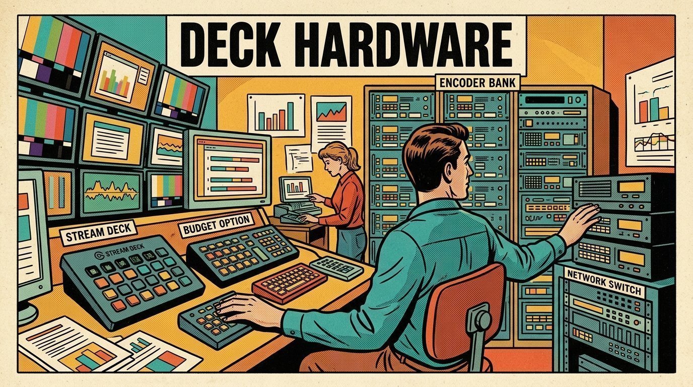 A 1960s mid-century comic book style editorial illustration showing a streaming operator watching a wall of encoders, with a bank of encoders, a wall of preview screens, a network switch visible in the frame.
