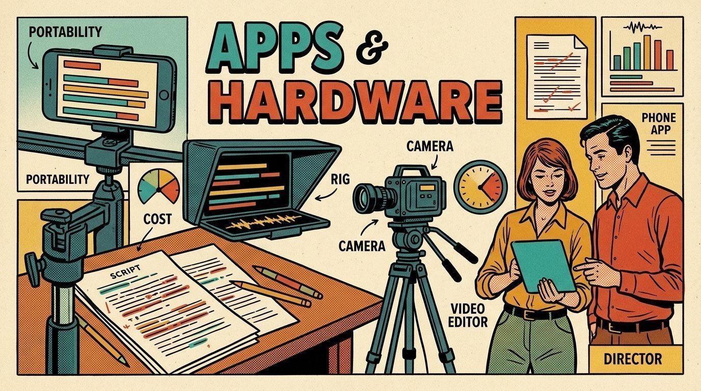A 1960s mid-century comic book style editorial illustration showing a video editor and a director reviewing the cut together, with a phone clamped to a rig, a marked-up script on the desk, a camera on a tripod visible in the frame.