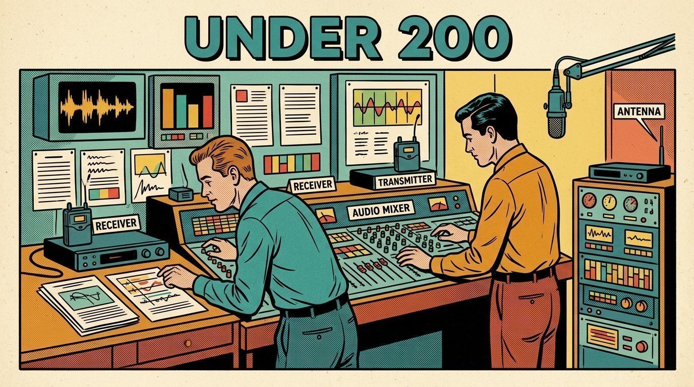A 1960s mid-century comic book style editorial illustration showing two audio engineers at a mixing desk, with a studio microphone on a boom arm visible in the frame.