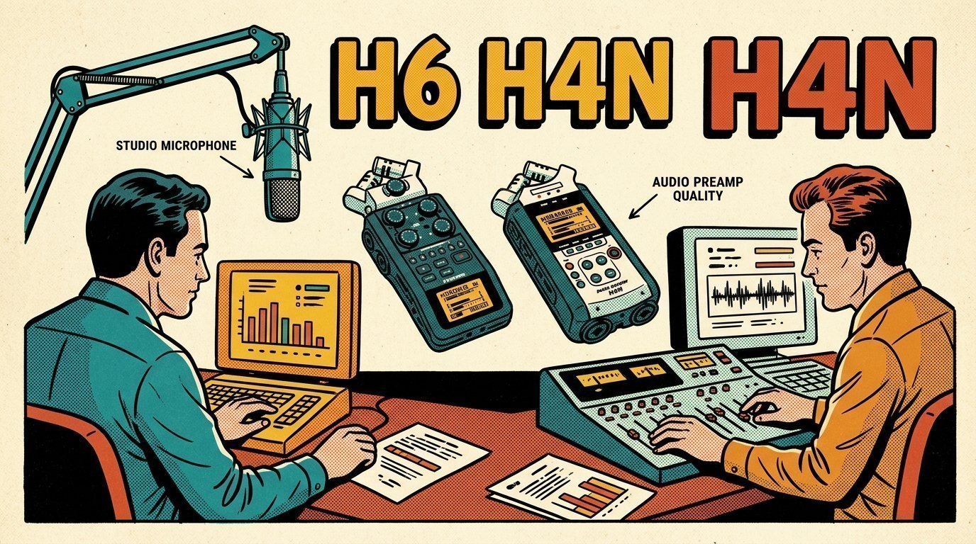 A 1960s mid-century comic book style editorial illustration showing two audio engineers at a mixing desk, with a studio microphone on a boom arm visible in the frame.