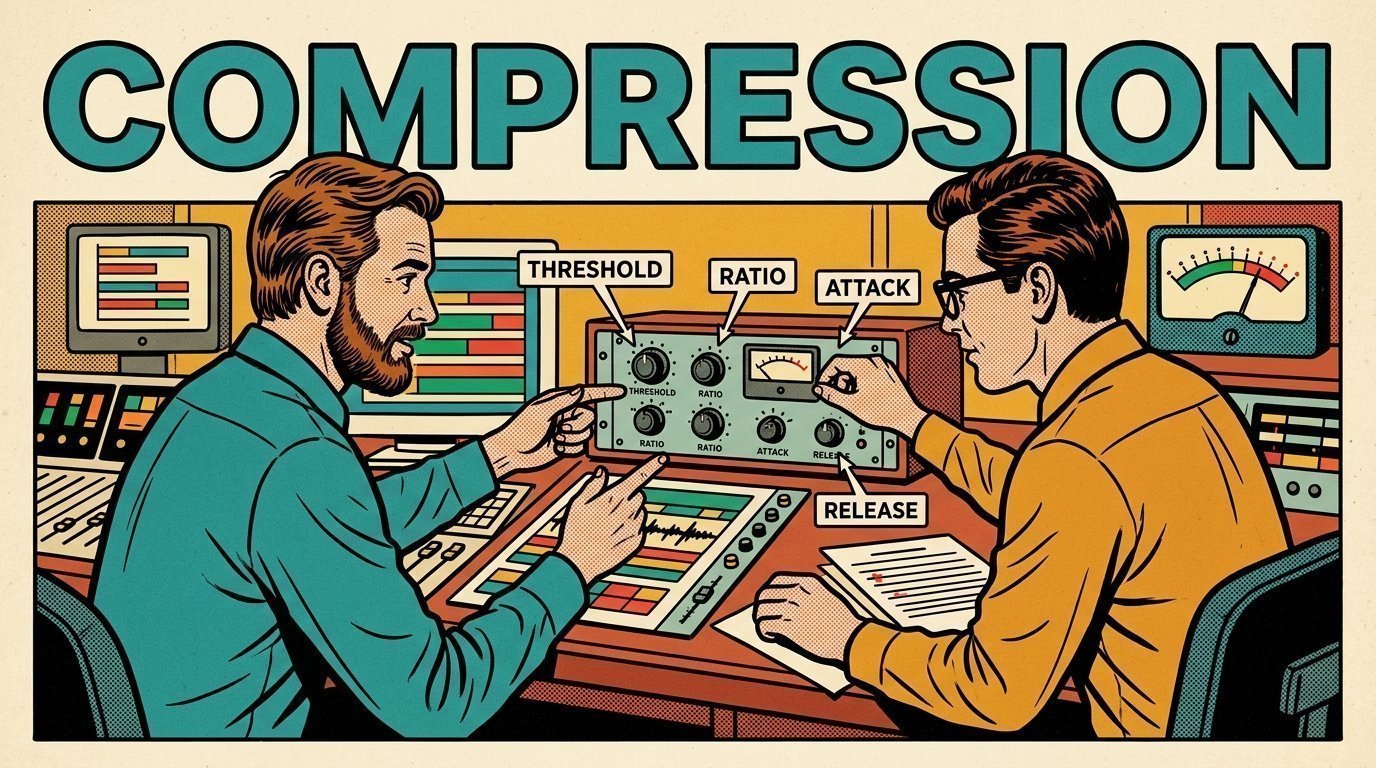 A 1960s mid-century comic book style editorial illustration showing two audio engineers at a mixing desk, with a loudness meter visible in the frame.