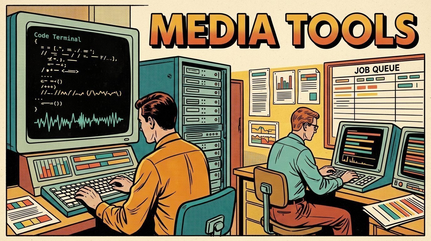 A 1960s mid-century comic book style editorial illustration showing two engineers at terminals in a machine room, with code on a terminal screen, a rack of servers, a job queue board visible in the frame.