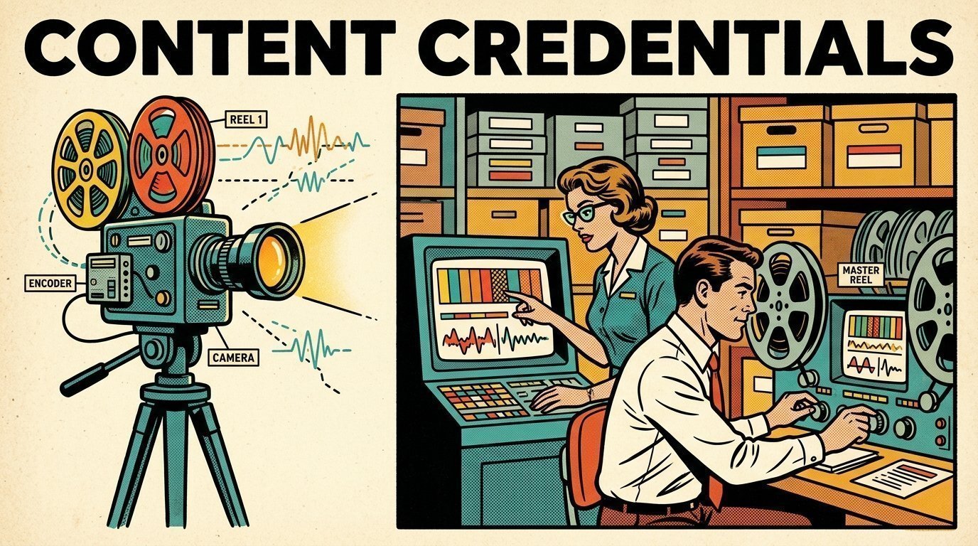 A 1960s mid-century comic book style editorial illustration showing a researcher and an editor comparing machine output against a reference, with a camera on a tripod, labelled archive boxes and reels visible in the frame.