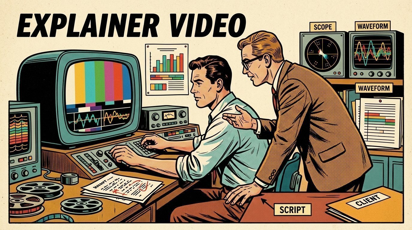A 1960s mid-century comic book style editorial illustration showing a video editor and a director reviewing the cut together, with a marked-up script on the desk, a vectorscope and waveform monitor visible in the frame.