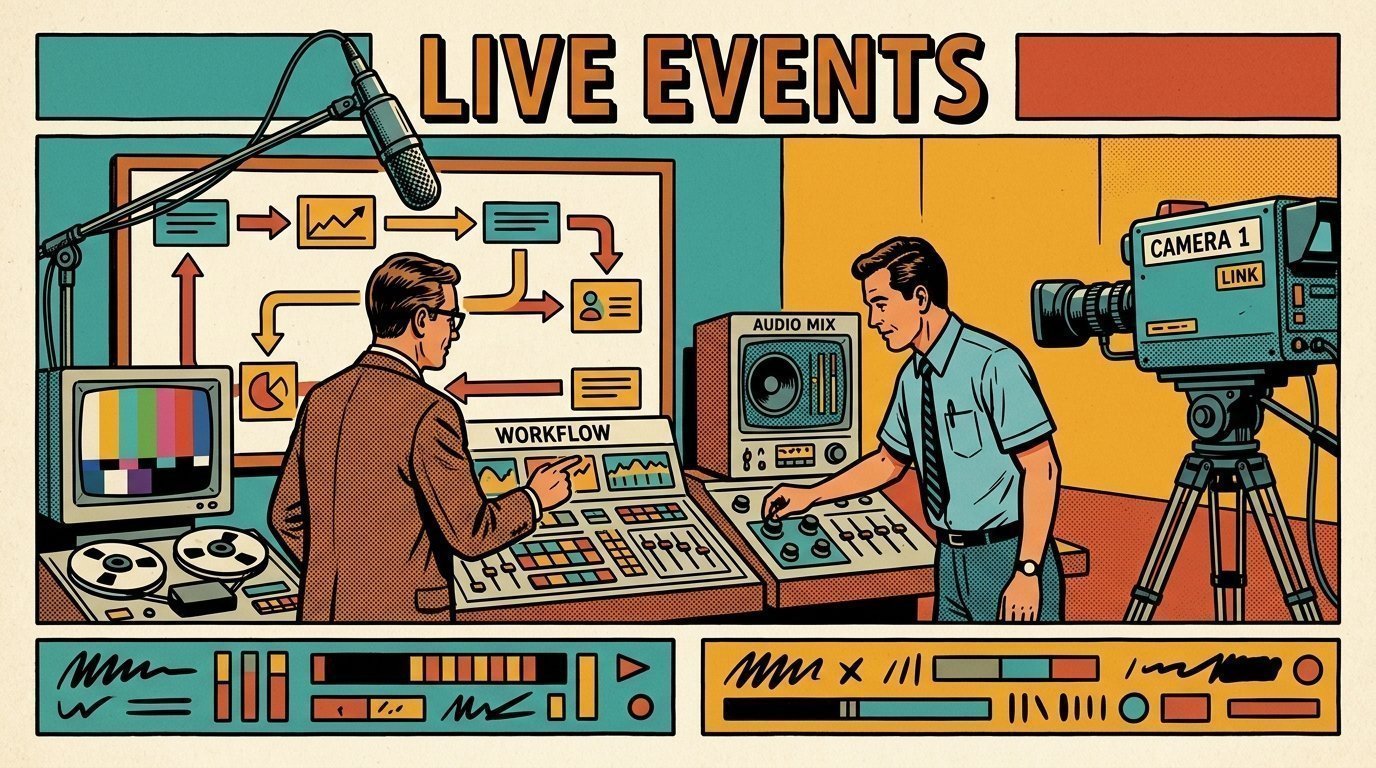 A 1960s mid-century comic book style editorial illustration showing a media operations manager and an engineer reviewing a workflow board, with caption bars beneath a picture, a studio microphone on a boom arm, a camera on a tripod visible in the frame.