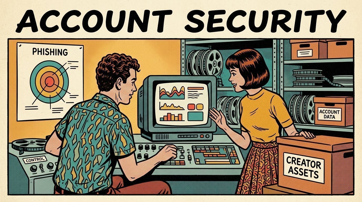 A 1960s mid-century comic book style editorial illustration showing a video editor and a director reviewing the cut together, with labelled archive boxes and reels visible in the frame.