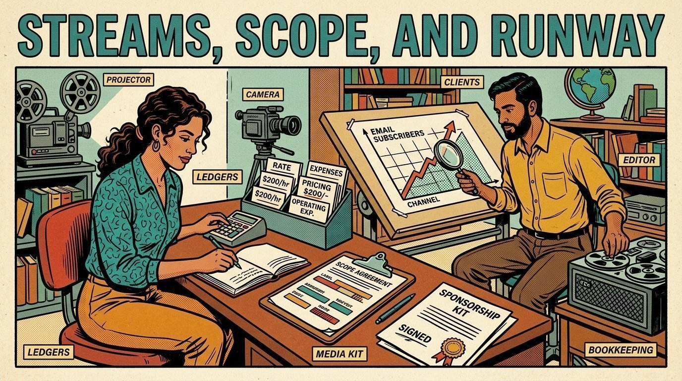A 1960s mid-century comic book style editorial illustration of independent media workers pricing client work from operating cost, writing scope agreements and tracking a direct email channel.