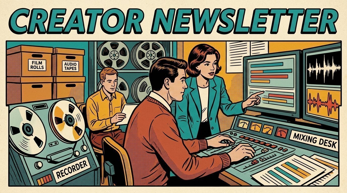 A 1960s mid-century comic book style editorial illustration showing a video editor and a director reviewing the cut together, with labelled archive boxes and reels visible in the frame.