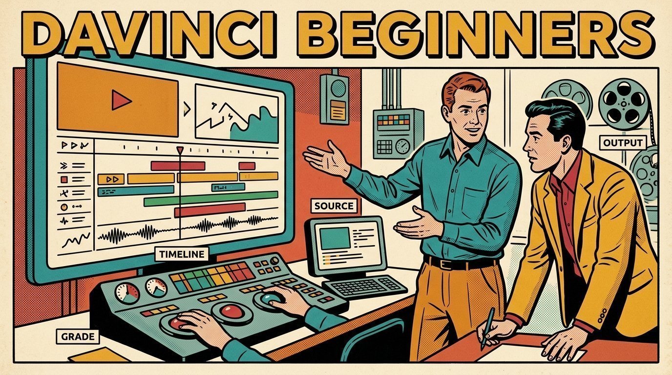 A 1960s mid-century comic book style editorial illustration showing a video editor and a director reviewing the cut together, with an edit timeline on a large screen, a colour grading panel with trackballs visible in the frame.