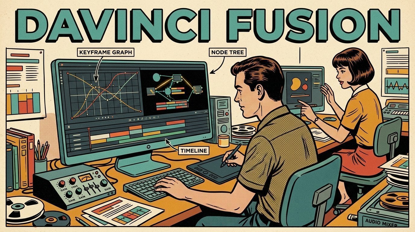 A 1960s mid-century comic book style editorial illustration showing a motion designer working at a large monitor, with a keyframe graph editor, an edit timeline on a large screen, an audio interface with gain knobs visible in the frame.
