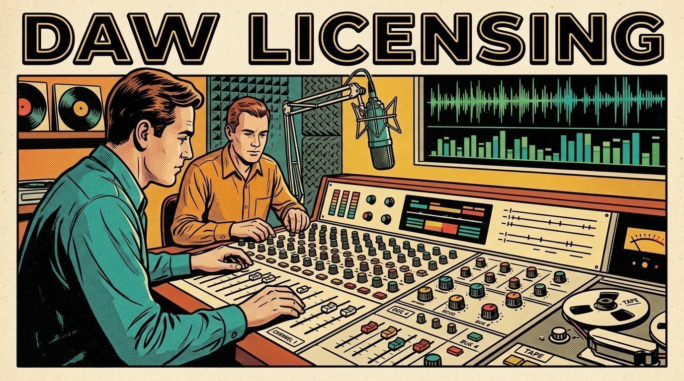 A 1960s mid-century comic book style editorial illustration showing two audio engineers at a mixing desk, with a mixing desk, a studio microphone on a boom arm, an audio waveform display visible in the frame.