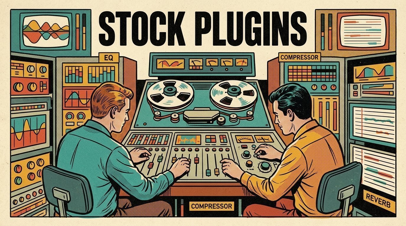 A 1960s mid-century comic book style editorial illustration showing two audio engineers at a mixing desk, with reels of magnetic tape visible in the frame.