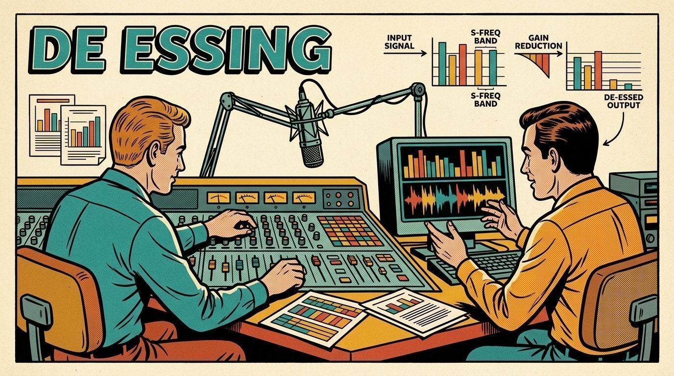A 1960s mid-century comic book style editorial illustration showing two audio engineers at a mixing desk, with a mixing desk, a studio microphone on a boom arm, an audio waveform display visible in the frame.