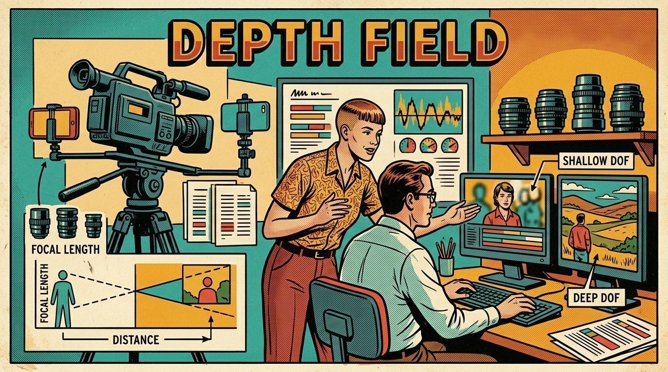A 1960s mid-century comic book style editorial illustration showing a video editor and a director reviewing the cut together, with a set of prime lenses, a camera on a tripod, a phone clamped to a rig visible in the frame.