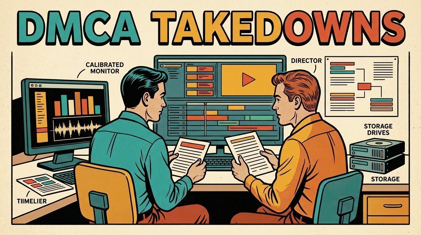 A 1960s mid-century comic book style editorial illustration showing a video editor and a director reviewing the cut together, with an edit timeline on a large screen, a calibrated monitor, stacked storage drives visible in the frame.