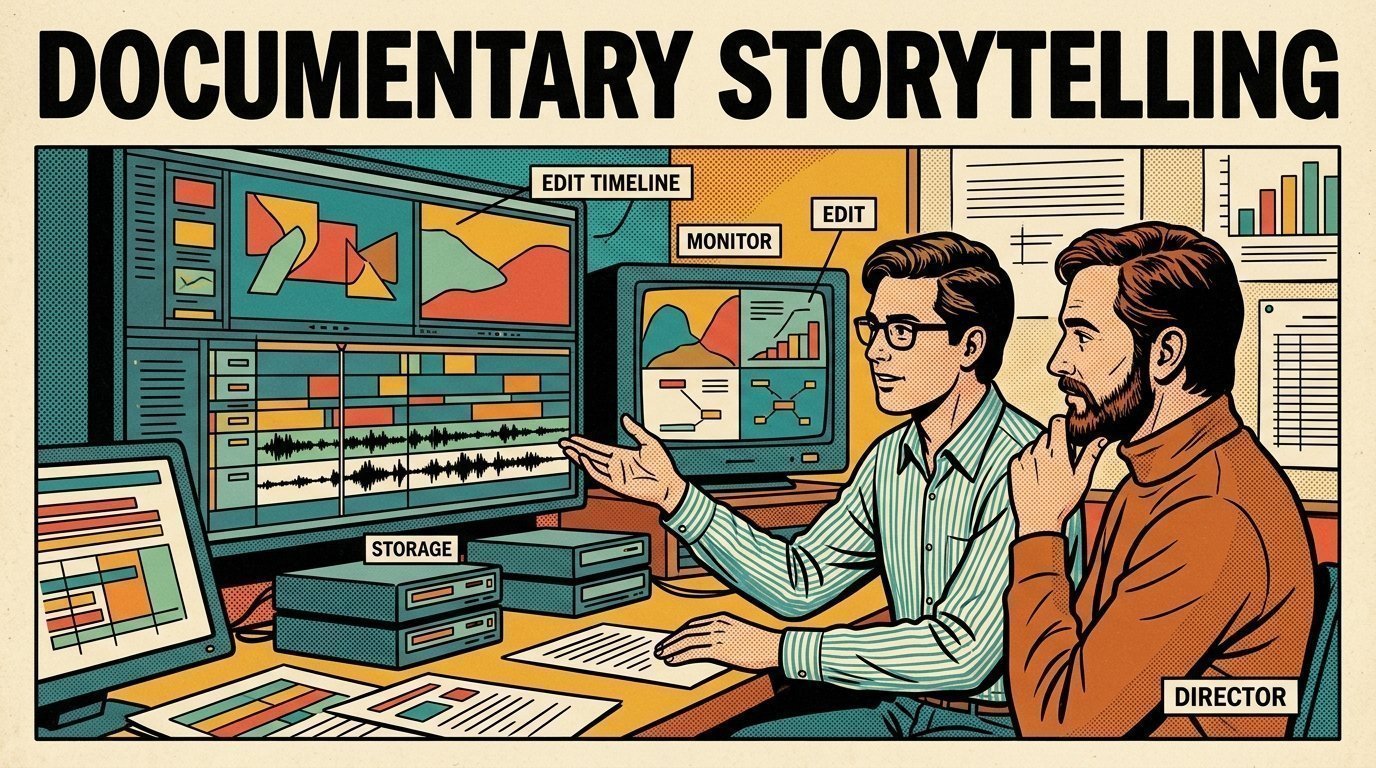 A 1960s mid-century comic book style editorial illustration showing a video editor and a director reviewing the cut together, with an edit timeline on a large screen, a calibrated monitor, stacked storage drives visible in the frame.