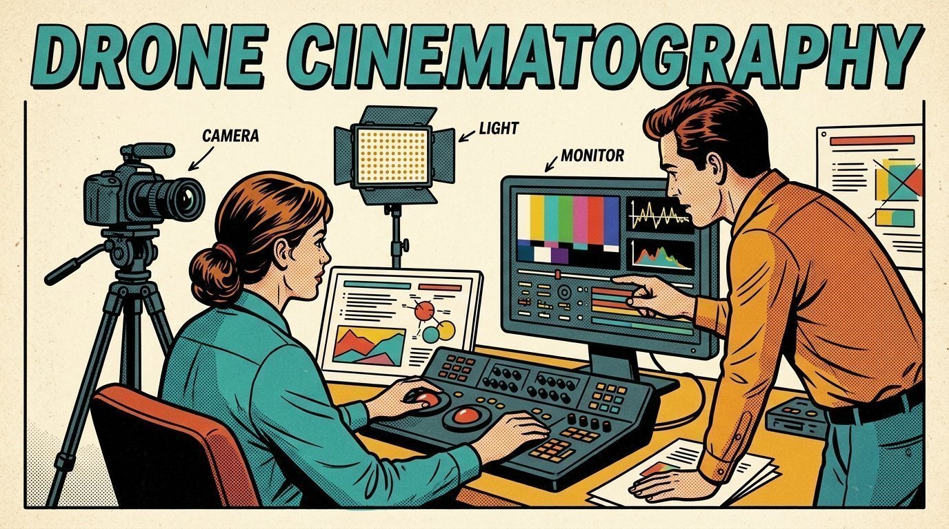 A 1960s mid-century comic book style editorial illustration showing a video editor and a director reviewing the cut together, with a camera on a tripod, an LED panel light on a stand, a colour grading panel with trackballs visible in the frame.