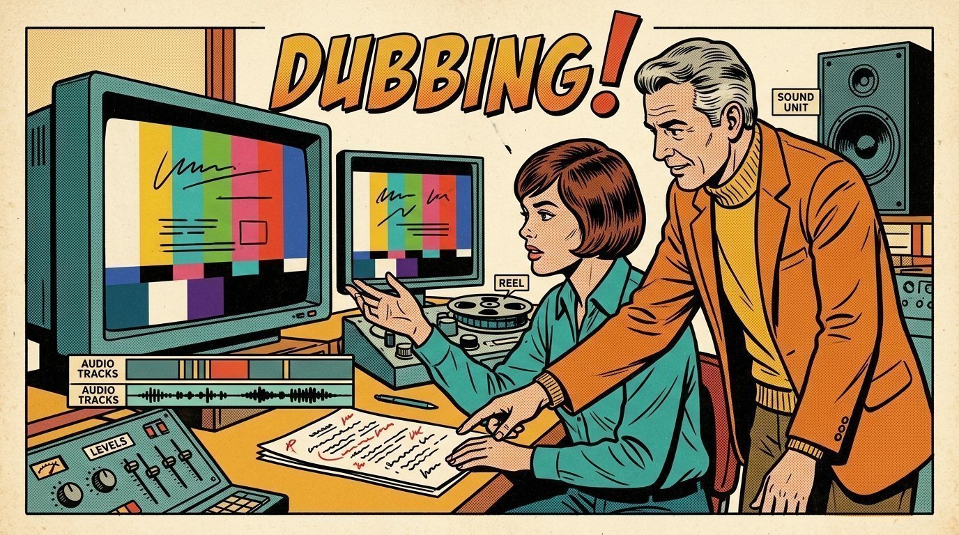 A 1960s mid-century comic book style editorial illustration showing a video editor and a director reviewing the cut together, with a marked-up script on the desk, caption bars beneath a picture visible in the frame.