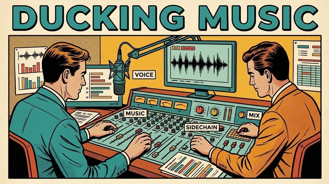 A 1960s mid-century comic book style editorial illustration showing two audio engineers at a mixing desk, with a mixing desk, a studio microphone on a boom arm, an audio waveform display visible in the frame.