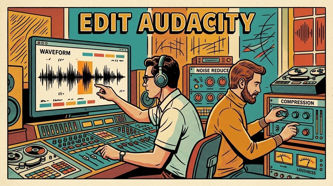 A 1960s mid-century comic book style editorial illustration showing two audio engineers at a mixing desk, with an audio waveform display visible in the frame.