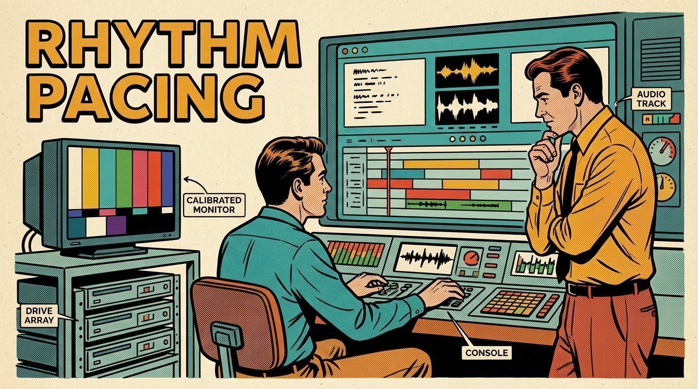 A 1960s mid-century comic book style editorial illustration showing a video editor and a director reviewing the cut together, with an edit timeline on a large screen, a calibrated monitor, stacked storage drives visible in the frame.