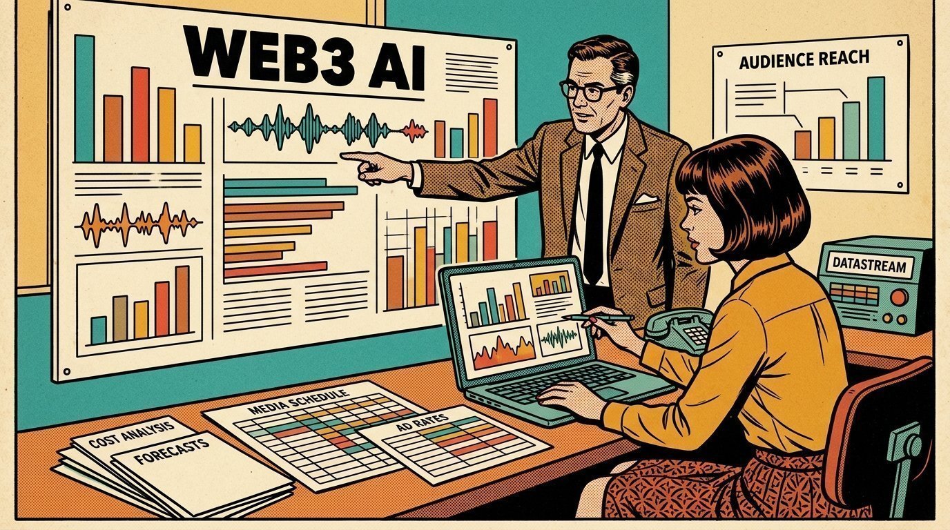 A 1960s mid-century comic book style editorial illustration showing a publisher and an analyst reviewing distribution figures, with a wall chart of figures, a laptop, printed schedules visible in the frame.