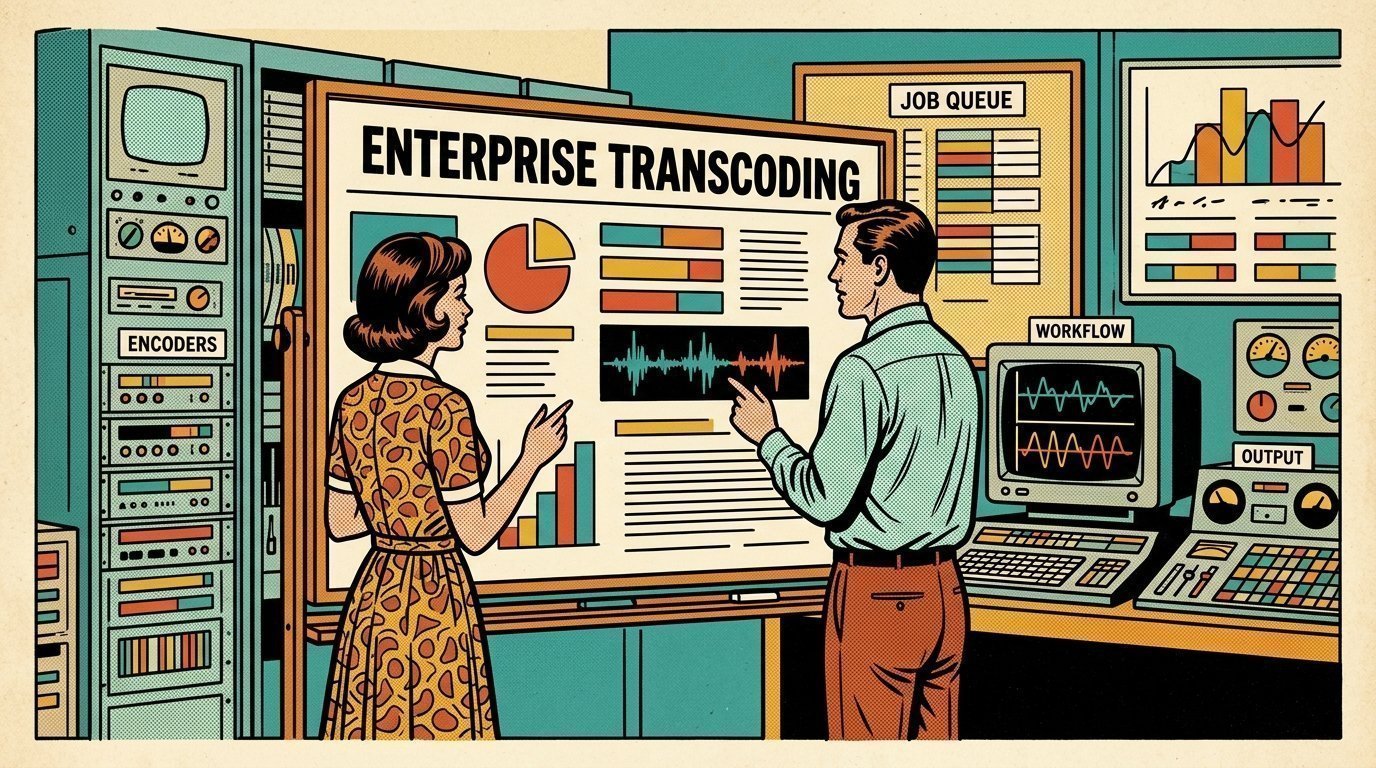 A 1960s mid-century comic book style editorial illustration showing a media operations manager and an engineer reviewing a workflow board, with a bank of encoders, a job queue board visible in the frame.