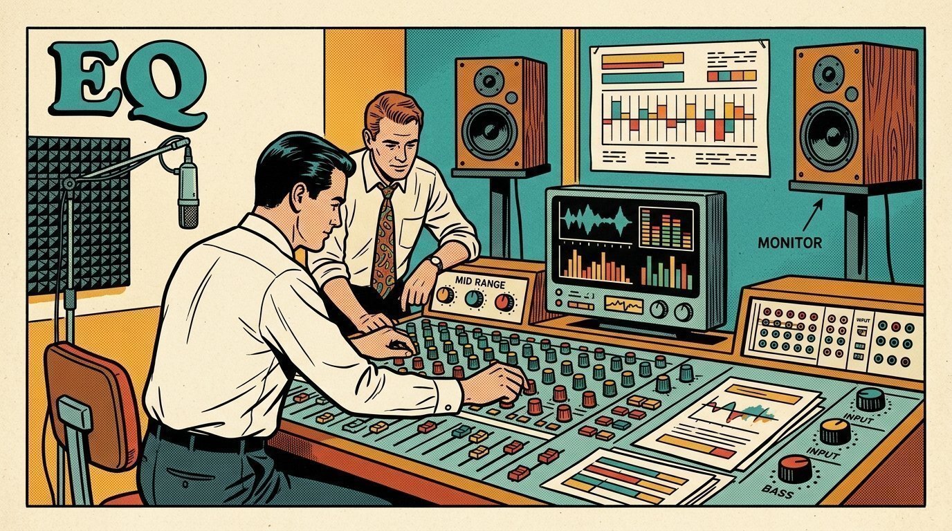 A 1960s mid-century comic book style editorial illustration showing two audio engineers at a mixing desk, with a studio microphone on a boom arm, a pair of studio monitors, a calibrated monitor visible in the frame.